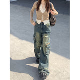 Taooba party outfit  Women's Blue Gothic Baggy Cargo Jeans with Star Harajuku Y2k 90s Aesthetic Denim Trousers Emo 2000s Jean Pants Vintage Clothes