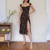 Taooba Christmas Gift outfit -Summer Dresses For Women Vintage Elegant Midi Dress With Slit Sweetheart Neck Back Shirred Small Fruit Print Sexy Beach Dress