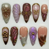 Taooba 10Pcs Handmade Manicure Medium Almond Fake Nails New Cute Ballet Limited Nails Press On Nails Design with Adhesive Nail File Set