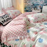 Taooba-Lovely Princess Flower Print Ruffles Bedding Set 100% Cotton Cute Girls Duvet Cover Set with Bed Sheet Kawaii Bedding Sets Soft