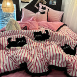 Taooba Christmas Gift Korean Style Bedding Set Green Strip Black Cat Embroidery Washed Cotton  Duvet Cover Cute Cardboard  Bed linen Comforter Sets