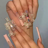 Taooba Christmas nail 24Pcs Long Ballerina False Nails Press on Nails Serpentine Flower with Rhinestones French Fake Nails Wearable White Nail Tips