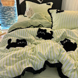 Taooba Christmas Gift Korean Style Bedding Set Green Strip Black Cat Embroidery Washed Cotton  Duvet Cover Cute Cardboard  Bed linen Comforter Sets