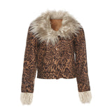 Taooba Christmas Gift outfit  Y2K Leopard Print Jackets Women 2024 Winter Faux Fur Collar Lined Long Sleeve Slim Short Coats Lady High Street Fashion Jackets