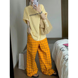 Taooba party outfit  Harajuku Loose Pants Streetwear Clothes Wide Leg Pants Korean Trousers Plaid Baggy Ladies Pants Yellow Jogger Trouser Hip Hop