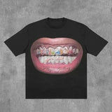 Taooba T Shirt Y2K Short Sleeve Tops Harajuku Hip Hop Retro Teeth Graphic Print Oversized TShirt Mens Womens Round Neck Cotton Clothes