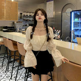 Taooba  party look inspos Back Puff Sleeve Shirts Women Autumn French Bow Bandage Blouses 2025 New Black Pink Square Neck Cropped Tops Female