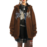 Taooba Harajuku E-girl Gothic Dark Academia Sweatshirts Grunge Punk Letter Wings Graphic Zip Up Hoodie Y2K Aesthetic Mall Goth Coat