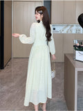 Taooba  party look inspos Vintage Long Sleeve Dresses Autumn New French Elegant V Neck Single Breasted Women Fairy Dress Solid High Waist Ladies Robe New