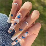 Taooba Christmas Nail  24Pcs False Nails Long Coffin Ballet French with Rhinestones Wearable Fake Nails Blue Flower Full Cover Press on Nails Tips Art