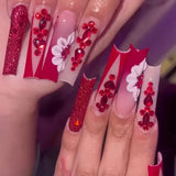 Taooba Christmas Nail  24Pcs Red Heart False Nails Long Luxury with French Design Rhinestone Wearable Fake Nail Simple Decoration Press on Nail Tips