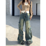 Taooba party outfit  Women's Blue Gothic Baggy Cargo Jeans with Star Harajuku Y2k 90s Aesthetic Denim Trousers Emo 2000s Jean Pants Vintage Clothes