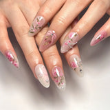 Taooba Christmas nail 24Pcs Short Round Head Pink Fake Nails with Rose Flowers leaf Pattern Wearable Almond False Nail Full Cover Press on Nails Tips