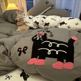 Taooba Christmas Gift Korean Style Bedding Set Green Strip Black Cat Embroidery Washed Cotton  Duvet Cover Cute Cardboard  Bed linen Comforter Sets