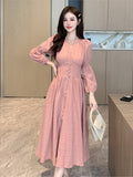 Taooba  party look inspos Vintage Long Sleeve Dresses Autumn New French Elegant V Neck Single Breasted Women Fairy Dress Solid High Waist Ladies Robe New