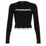 Taooba Christmas Gift outfit  - French Lace Trim Splice Slim Long Sleeve Tee