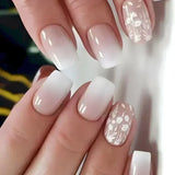 Taooba Christmas nail 24Pcs White Gradient False Nails Ombre Short with French Design Rhinestone Wearable Fake NailsFull Cover Press on Nail Tips Art