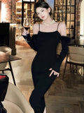 Taooba  party look inspos Women Sexy Bodycon Black Knitted Party Dress Autumn Elegant Slash Neck Spaghetti Strap Dresses Mermaid Vestidos Mujer Prom Robe