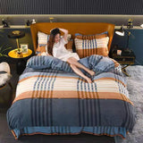 Taooba-4pcs Set Winter Warm Thicken Short Plush Bedding Set Printing Flannel Duvet Cover Flat Sheet Pillowcase King Queen Bedding Set