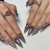 Taooba Punk Cool Style Black Flame Love Heart Press on Nails Butterfly Star Long Pointed False Nails Art Fake Nails Charms Y2K Manicure