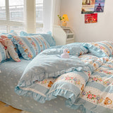 Taooba-Lovely Princess Flower Print Ruffles Bedding Set 100% Cotton Cute Girls Duvet Cover Set with Bed Sheet Kawaii Bedding Sets Soft