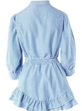 Taooba- Striped Lantern Sleeve Buttoned Shirt and Ruffle Hem Skorts Set