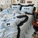 Taooba Christmas Gift Korean Princess Style Kawaii Girl Black Bow Bedding Set Skin-friendly Soft Duvet Cover Set Bed Sheet Or Bed Skirt Pillowcases