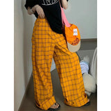 Taooba party outfit  Harajuku Loose Pants Streetwear Clothes Wide Leg Pants Korean Trousers Plaid Baggy Ladies Pants Yellow Jogger Trouser Hip Hop