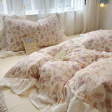 Taooba Christmas Gift Bedding Set Korean Style 2024 New  Small Floral Water Washed Cotton Lace Duvet Cover Set Queen Size