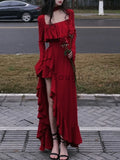 Taooba  party look inspos Autumn Red Vintage Elegant Dress Women Flare Sleeve Designer Sweet Long Dress Female Ruffles Retro Princess Irregular Dress 2024