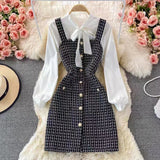 Taooba Christmas Gift outfit  dress to impress codes Autumn  Socialite Elegant Bow Lace-up Shirt Two-Piece Suit Tweed Plaid Sling Dress