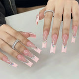 Taooba Christmas nail 24Pcs Full Cover False Nails Pink Full Rhinestone Bow Long French Coffin Nail Tips Detachable Fake Nail Press on Nails Manicure