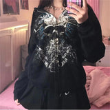 Taooba Mall Goth Skull Graphic Print Hoodie Dark Preppy Y2k Grunge Sweatshirts Jacket Harajuku Aesthetic Retro Women Fairycore Clothes