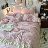 Taooba Christmas Gift Pink Korean Princess Style Lace Ruffles Bedding Set Skin-friendly Seersucker Duvet Cover Set Fitted Sheet/Bed Sheet Pillowcases