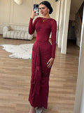 Taooba Christmas Gift outfit   Long Sleeve Draped Sexy Maxi Dress For Women Gown Autumn Winter New O Neck Ruched Bodycon Sexy Long Dress Elegant