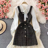 Taooba Christmas Gift outfit  dress to impress codes Autumn  Socialite Elegant Bow Lace-up Shirt Two-Piece Suit Tweed Plaid Sling Dress