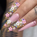 Taooba Christmas nail 24Pcs False Nails with Glue Almond Pink Butterfly Design Detachable Rhinestones Acrylic Fake Nails Long Stiletto Press on Nails