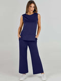 Taooba- 2 Piece Solid Color Sleeveless Top and Wide Leg Trouser Set