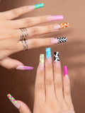 Taooba 24 pieces of long coffin shaped French cloud&flower&checkered pattern fake nails enhance your style