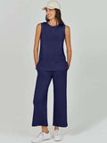 Taooba- 2 Piece Solid Color Sleeveless Top and Wide Leg Trouser Set