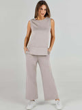 Taooba- 2 Piece Solid Color Sleeveless Top and Wide Leg Trouser Set