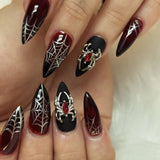 Taooba 24Pcs Short Almond Red White Gradient False Nails with Spider Design Wearable Oval Fake Nails Detachable Press on Nails Manicure