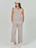 Taooba- 2 Piece Solid Color Sleeveless Top and Wide Leg Trouser Set