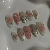 Taooba Christmas nail 24Pcs Short Round Head Almond Fake Nails with Flowers Grass Pattern Wearable False Nails Tips Summer Full Cover Press on Nails