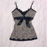 Taooba party outfit  Leopard pattern suspenders bow lace decoration Y2K crop top urban beauty emo retro chic slim fit American street style women top