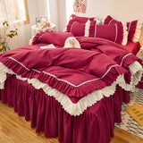 Taooba Christmas Gift Pink Lace Ruffle Bedding Set Luxury Bed Skirt Sheet Bedspread Korean Duvet Cover Girls Princess Bedspread Pillowcases