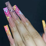 Taooba 24Pcs Pink False Nails Long Coffin Fake Nails Star with French Designs Wearable Ballet Press on Nails Full Cover Nail Tips Art