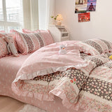 Taooba-Lovely Princess Flower Print Ruffles Bedding Set 100% Cotton Cute Girls Duvet Cover Set with Bed Sheet Kawaii Bedding Sets Soft