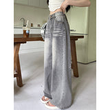 Taooba party outfit  Summer Grey Womens Jeans High Waist Baggy Casual Vintage Y2K Trend Straight Cargo Pants Street American Wide Leg Denim Trouser