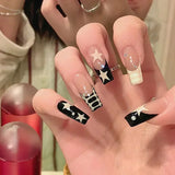 Taooba Christmas nail 24Pcs Long Coffin False Nails with Star Rhinestones Black Y2K Nail Art French Gradient Full Cover Press on Nail Tips for Girls